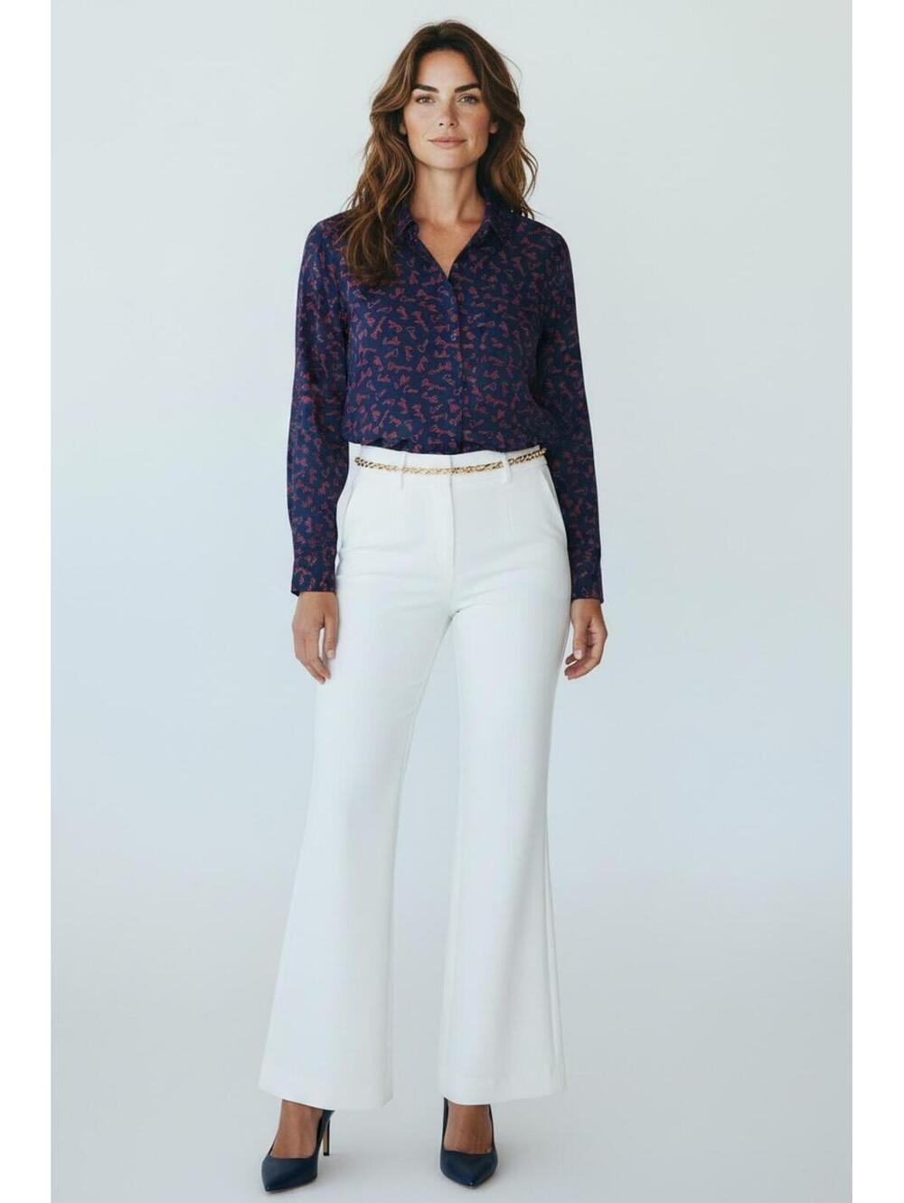 Banana Republic Navy & Red Hello Bonjour Ciao Script Drapey Blouse, Size XS